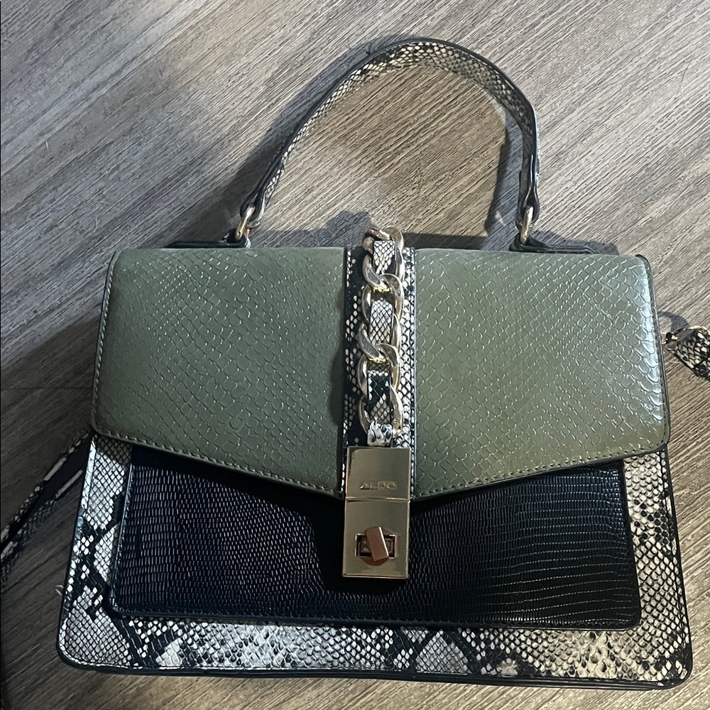 Aldo Olive and Ebony Snakeskin Satchel